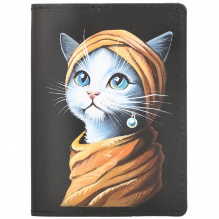  Кожаная обложка на паспорт "Будапешт" "Кошка с жемчужной сережкой"