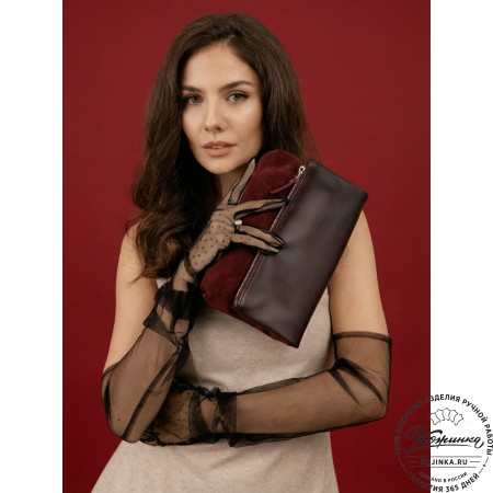 Кожаный клатч "Молли" с отделкой велюр (бордо) 