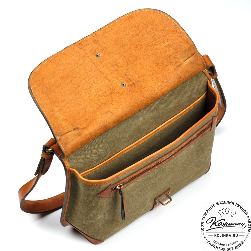 Портфель из кожи и брезента "Крокер" (коричневый с зеленым)