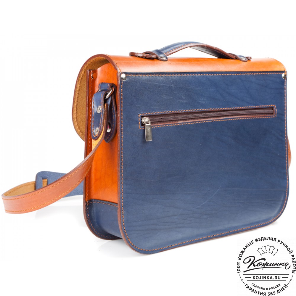 Кожаный портфель "Сатчел"  (рыжий с синим)